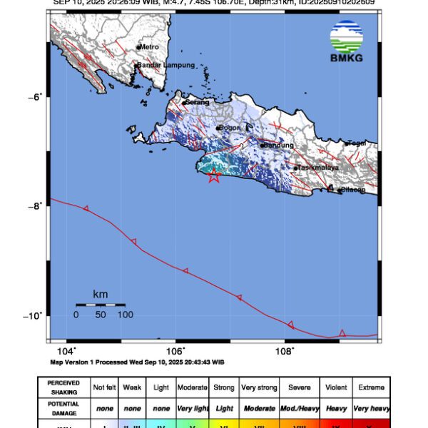 Gempa Berkekuatan 4,7 SR, pusat gempa berada di laut 53 km tenggara Kab. Sukabumi
