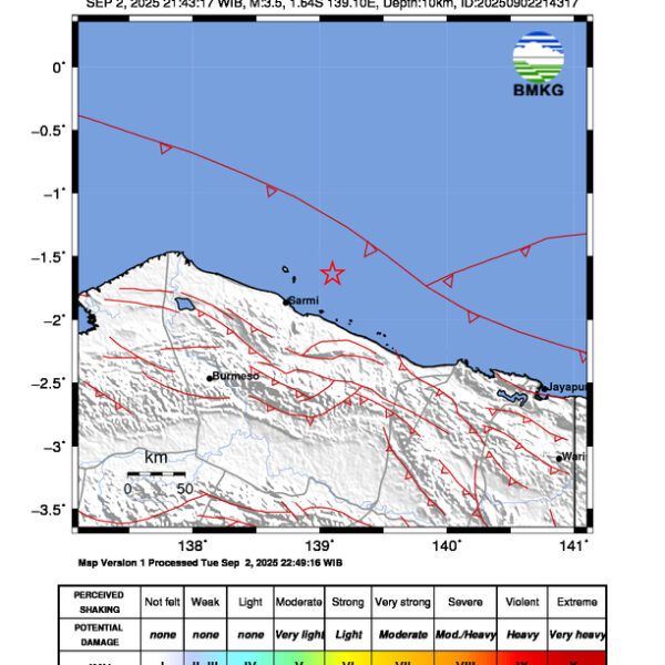 Gempa Berkekuatan 3,5 SR, pusat gempa berada di laut 46 km Timur Laut Sarmi