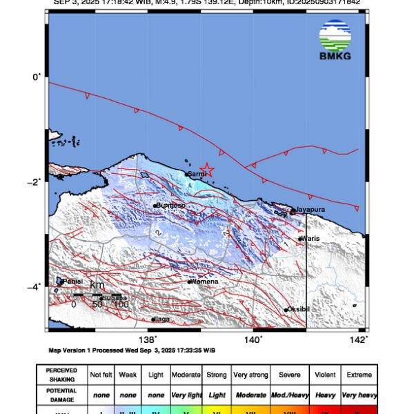 Gempa Berkekuatan 4,9 SR, pusat gempa berada di laut 42 km Timur Laut Sarmi