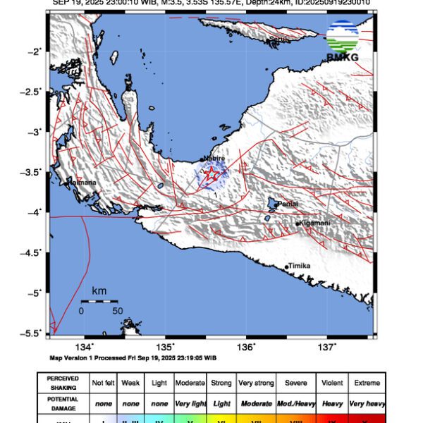 Gempa Berkekuatan 3,5 SR, pusat gempa berada di darat 20 km tenggara Nabire