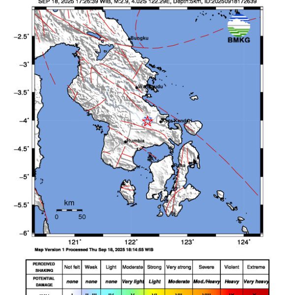 Gempa Berkekuatan 2,9 SR, pusat gempa berada di darat 2 km timur laut Sabulakoa, Konawe Selatan