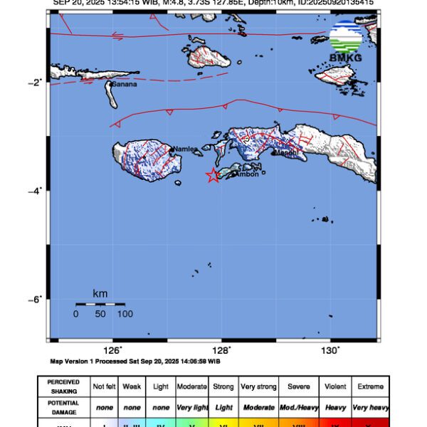 Gempa Berkekuatan 4,8 SR, pusat gempa berada di laut 37 km barat Ambon