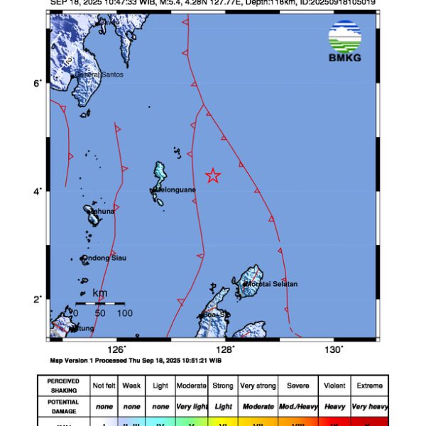 Gempa Berkekuatan 5,4 SR di 93 km Tenggara PULAUKARATUNG-SULUT Tidak Berpotensi Tsunami