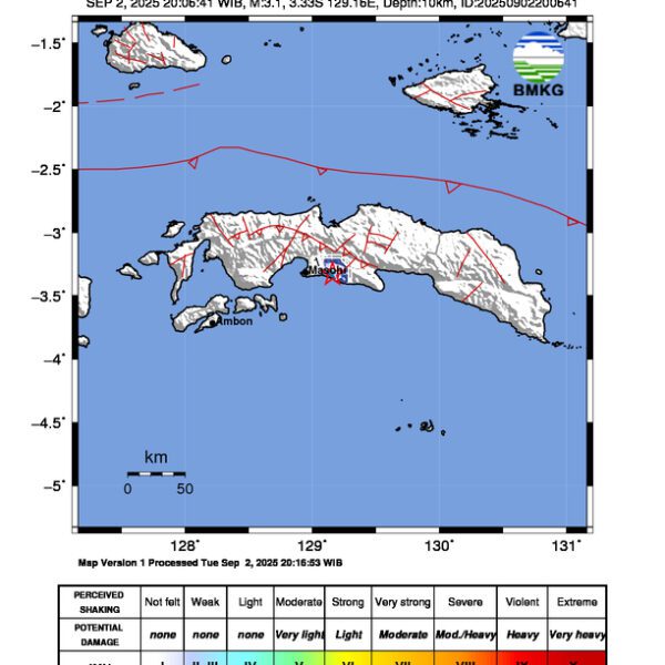 Gempa Berkekuatan 3,1 SR, pusat gempa berada di darat 38 km barat Tehoru, Maluku Tengah