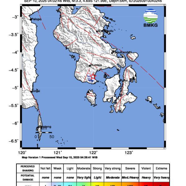Gempa Berkekuatan 3,3 SR, pusat gempa berada di laut 1 km Barat Daya Rorowatu Utara, Bombana