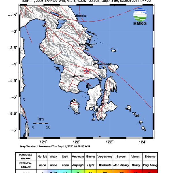 Gempa Berkekuatan 2,5 SR, pusat gempa berada di darat 1 km tenggara Baito, Konawe Selatan