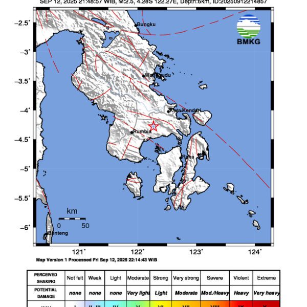 Gempa Berkekuatan 2,5 SR, pusat gempa berada di darat 1 km baratlaut Baito, Konawe Selatan