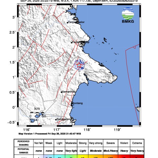 Gempa Berkekuatan 3,4 SR, pusat gempa berada di darat 83 km tenggara Berau