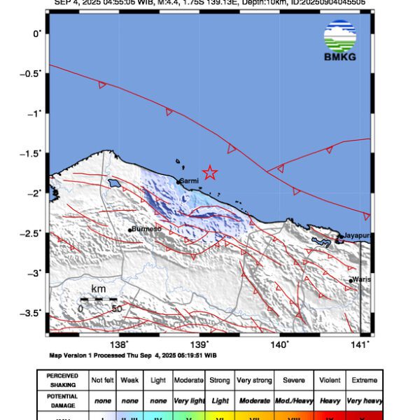 Gempa Berkekuatan 4,4 SR, pusat gempa berada dilaut 44 km timurlaut Sarmi