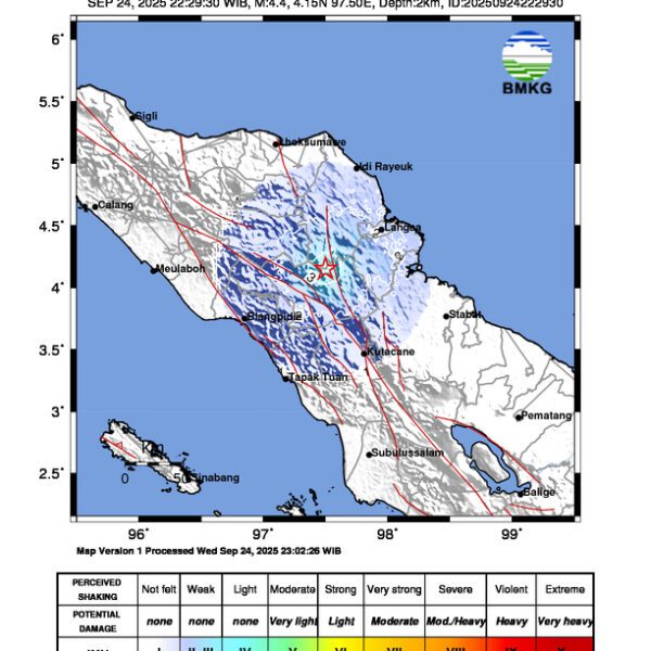 Gempa Berkekuatan 4,4 SR, pusat gempa berada di darat 24 km timur laut Kabupaten Gayo Lues