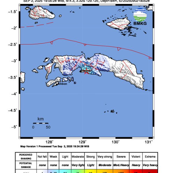 Gempa Berkekuatan 4,3 SR, pusat gempa berada di darat 22 km timur Masohi