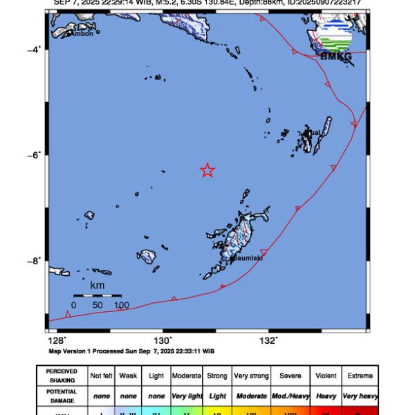 Gempa Berkekuatan 5,2 SR di 192 km BaratLaut TANIMBAR Tidak Berpotensi Tsunami