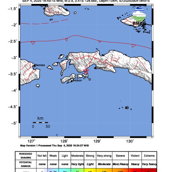 Gempa Berkekuatan 2,9 SR, pusat gempa berada di darat 3 km Barat Laut Amalatu, Seram Bagian Barat