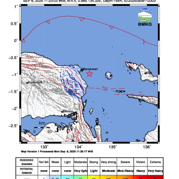 Gempa Berkekuatan 4,4 SR, pusat gempa berada di laut 33 km tenggara Manokwari