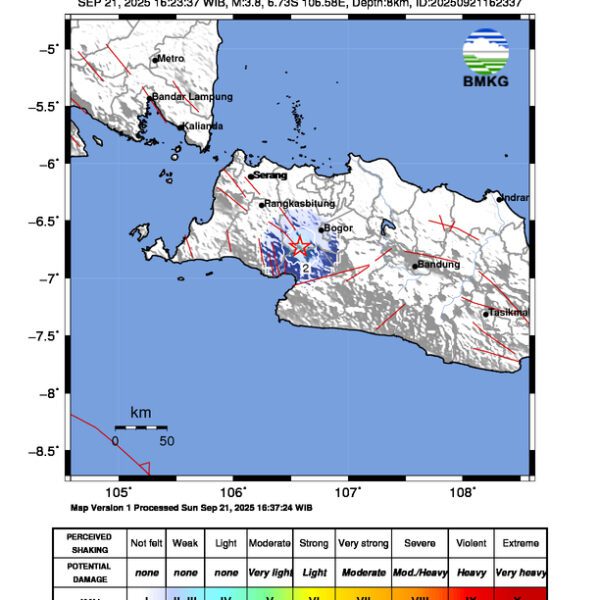Gempa Berkekuatan 3,8 SR, pusat gempa berada di darat 28 km timur laut Sukabumi