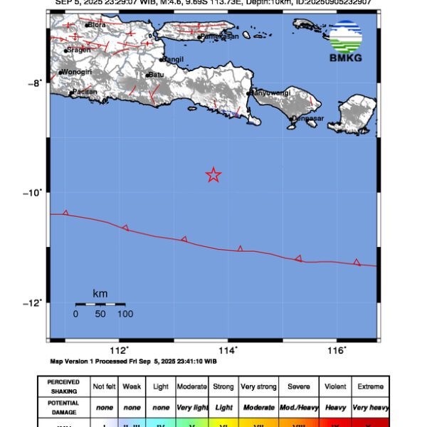 Gempa Berkekuatan 4,6 SR, pusat gempa berada di laut 166 km tenggara Jember