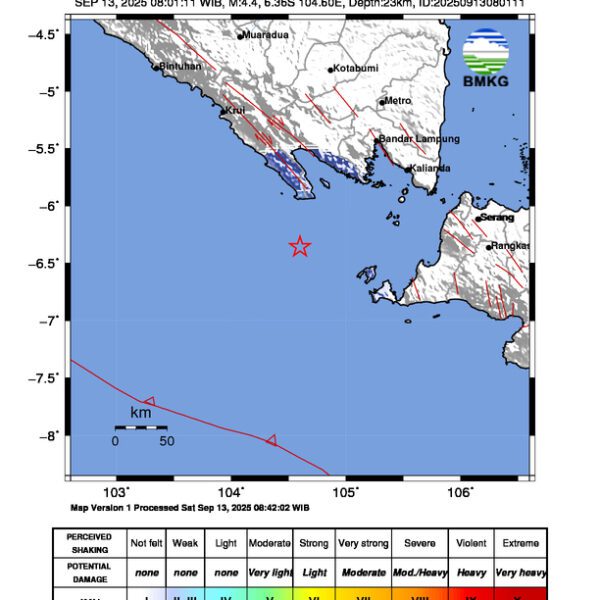 Gempa Berkekuatan 4,4 SR, pusat gempa berada di laut 98 km barat daya Tanggamus