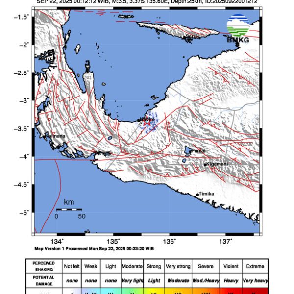 Gempa Berkekuatan 3,5 SR, pusat gempa berada di darat 10 km tenggara Nabire