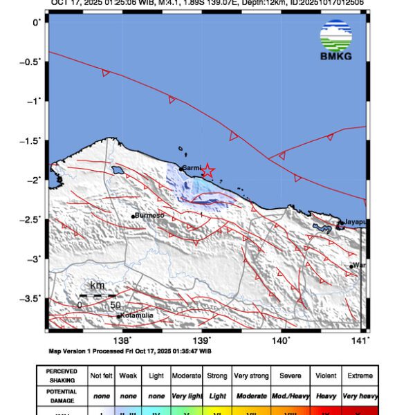 Gempa Berkekuatan 4,1 SR, pusat gempa berada di darat 36 km tenggara Sarmi