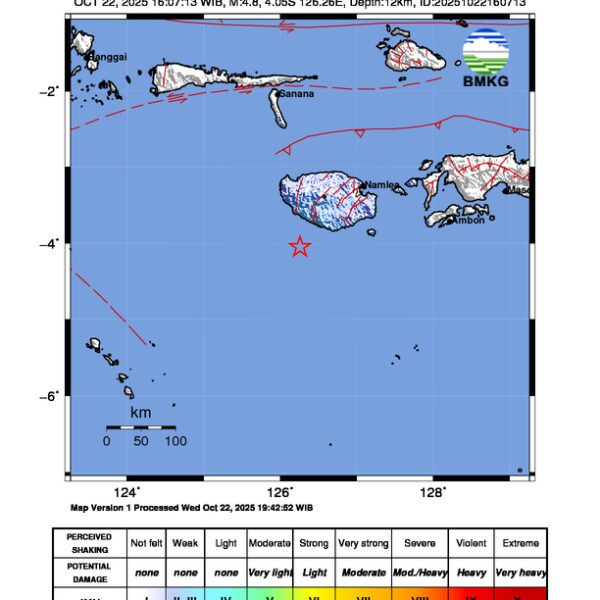 Gempa Berkekuatan 4,8 SR, pusat gempa berada di laut 59 km Barat Daya Namrole, Buru Selatan