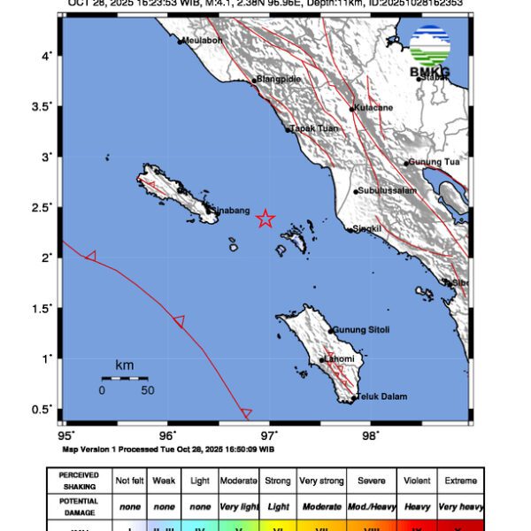 Gempa Berkekuatan 4,1 SR, pusat gempa berada di laut 66 km Tenggara Sinabang Gempa Berkekuatan 4,1 SR, pusat gempa berada di laut 66 km Tenggara Sinabang