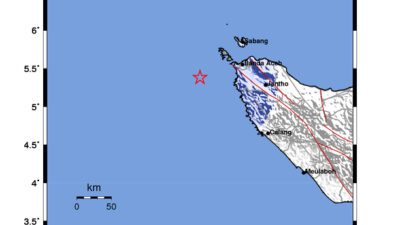 Gempa Berkekuatan 4,5 SR, pusat gempa berada di laut 84 km Barat Daya Kota Sabang Gempa Berkekuatan 4,5 SR, pusat gempa berada di laut 84 km Barat Daya Kota Sabang