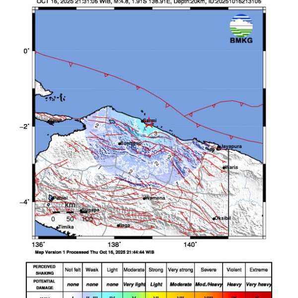 Gempa Berkekuatan 4,8 SR, pusat gempa berada di laut 18 km Tenggara Sarmi