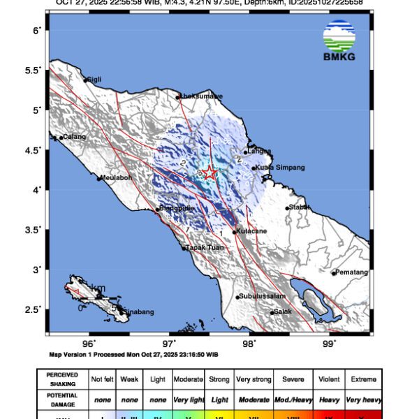 Gempa Berkekuatan 4,3 SR, pusat gempa berada di darat 29 km timur laut Kabupaten Gayo Lues Gempa Berkekuatan 4,3 SR, pusat gempa berada di darat 29 km timur laut Kabupaten Gayo Lues