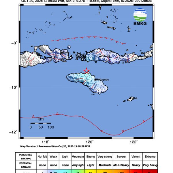 Gempa Berkekuatan 4,9 SR, pusat gempa berada di laut 47 km barat laut Lewa, Sumba Timur