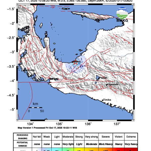 Gempa Berkekuatan 3,9 SR, pusat gempa berada di darat 6 km timur laut Nabire