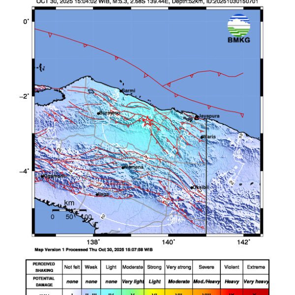 Gempa Berkekuatan 5,3 SR di 107 km BaratDaya KAB-JAYAPURA-PAPUA Tidak Berpotensi Tsunami