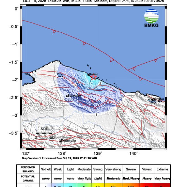 Gempa Berkekuatan 4,5 SR, pusat gempa berada di laut 15 km tenggara Sarmi