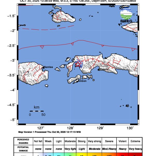 Gempa Berkekuatan 3,3 SR, pusat gempa berada di 10 km barat laut Kairatu Barat Gempa Berkekuatan 3,3 SR, pusat gempa berada di 10 km barat laut Kairatu Barat