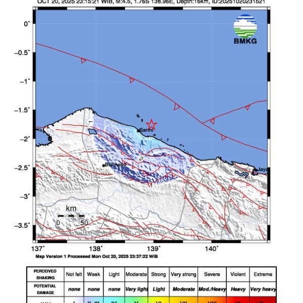Gempa Berkekuatan 4,5 SR, pusat gempa berada di laut 26 km timur laut Sarmi