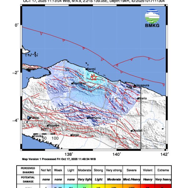 Gempa Berkekuatan 4,9 SR, pusat gempa berada di darat 51 km Tenggara Sarmi