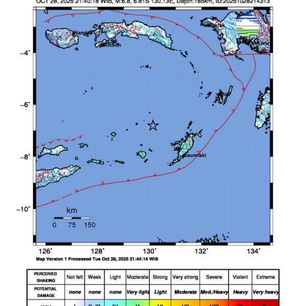 Gempa Berkekuatan 6,8 SR di 183 km BaratLaut TANIMBAR Tidak Berpotensi Tsunami Gempa Berkekuatan 6,8 SR di 183 km BaratLaut TANIMBAR Tidak Berpotensi Tsunami