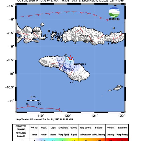 Gempa Berkekuatan 4,1 SR, pusat gempa berada di laut 30 km Barat Daya Waingapu