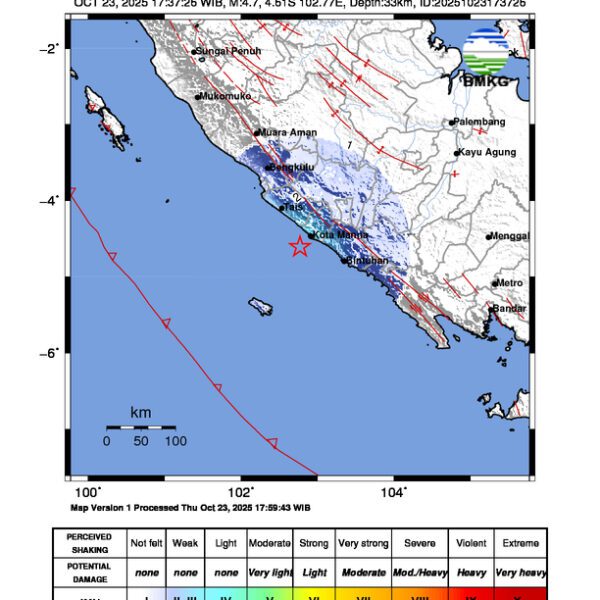 Gempa Berkekuatan 4,7 SR, pusat gempa berada di laut 23 km barat daya Bengkulu Selatan