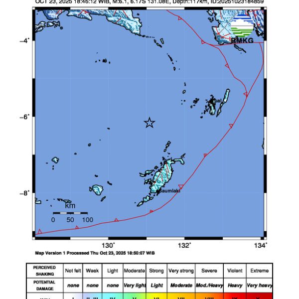Gempa Berkekuatan 6,1 SR di 192 km BaratDaya MALUKUTENGGARA Tidak Berpotensi Tsunami