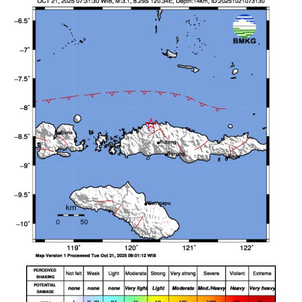 Gempa Berkekuatan 3,1 SR, pusat gempa berada di darat 38 km barat laut Ruteng Manggarai