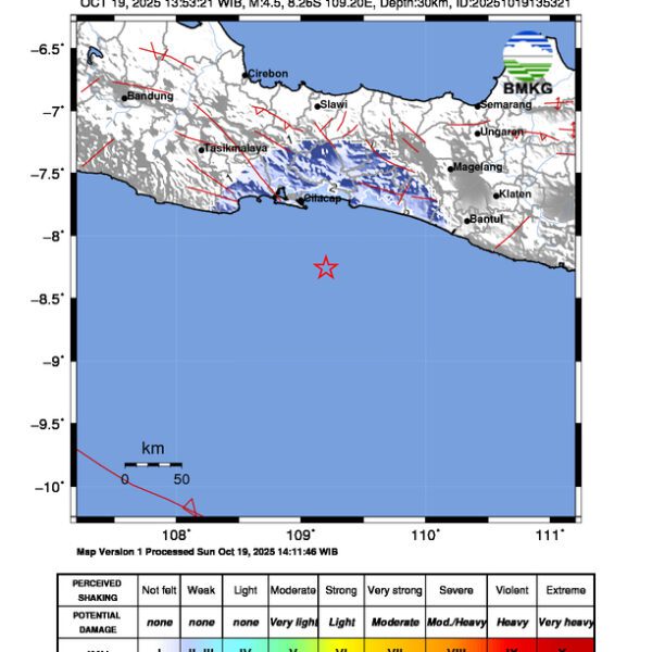 Gempa Berkekuatan 4,5 SR, pusat gempa berada di laut 63 km tenggara Cilacap