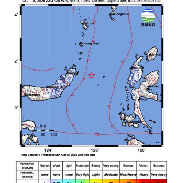Gempa Berkekuatan 4,9 SR, pusat gempa berada di laut 81 km Tenggara Bitung