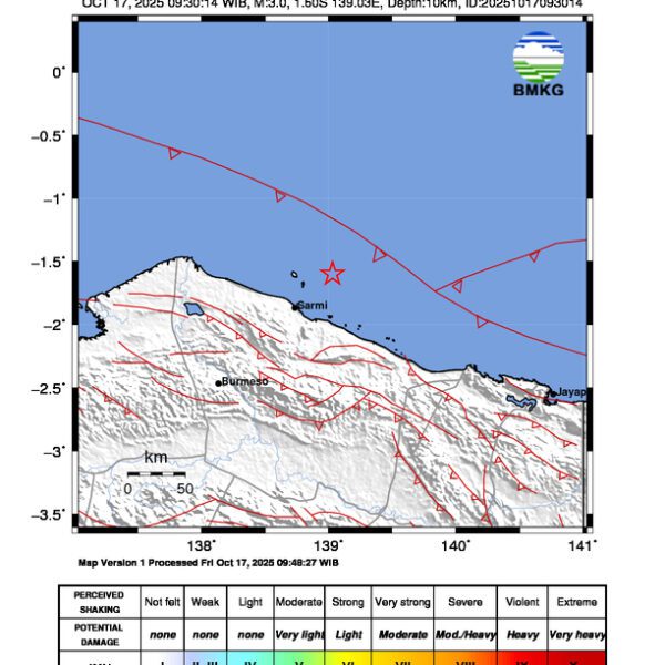 Gempa Berkekuatan 3,0 SR, pusat gempa berada di laut 43 km timur laut Sarmi