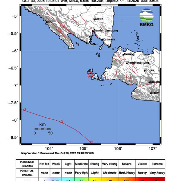Gempa Berkekuatan 4,0 SR, pusat gempa berada di laut 41 km barat daya Sumur