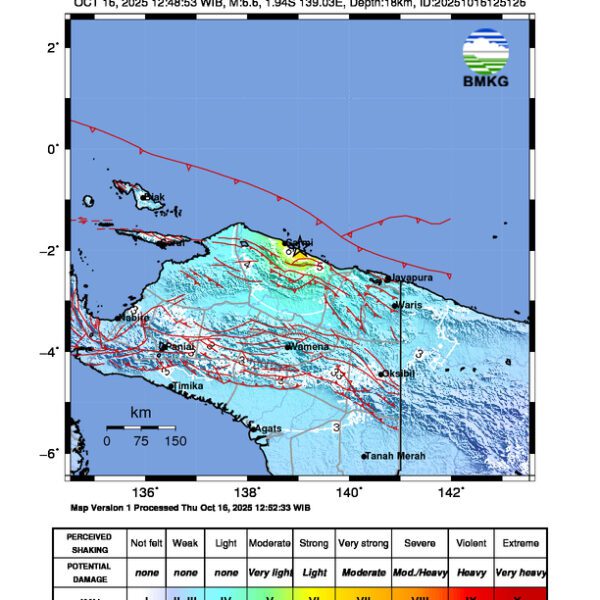 Gempa Berkekuatan 6,6 SR di 32 km Tenggara SARMI-PAPUA Tidak Berpotensi Tsunami