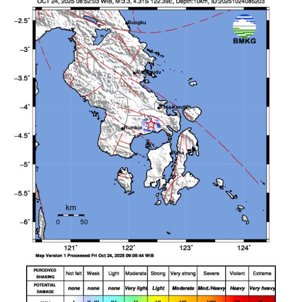 Gempa Berkekuatan 3,3 SR, pusat gempa berada di darat 9 km Barat Daya Konawe Selatan