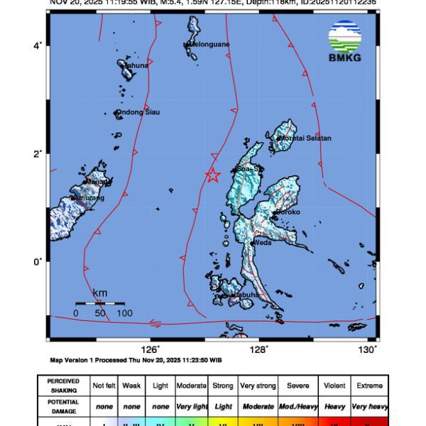 Gempa Berkekuatan 5,4 SR di 55 km BaratLaut HALMAHERABARAT-MALUT Tidak Berpotensi Tsunami