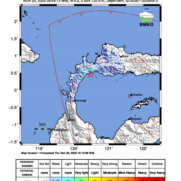 Gempa Berkekuatan 4,5 SR, pusat gempa berada di laut 39 km barat daya Parigi Moutong
