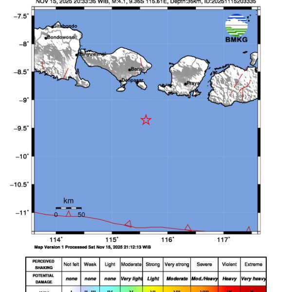 Gempa Berkekuatan 4,1 SR, pusat gempa berada di laut 75 km tenggara Kuta Selatan Gempa Berkekuatan 4,1 SR, pusat gempa berada di laut 75 km tenggara Kuta Selatan