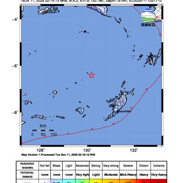 Gempa Berkekuatan 5,2 SR di 213 km BaratLaut TANIMBAR Tidak Berpotensi Tsunami